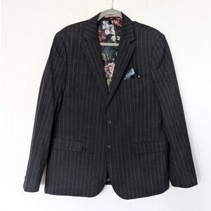 Soul of London Pinstripe Blazer Mens 44R Charcoal Grey Floral Lining Two Button